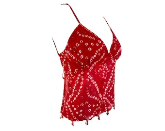 Y2k Backless Beaded Tank Top by Wet Seal Red Tie Dye Blouse 90s Tops V Neck Boho Vintage 2000's Strappy Back Festival Grunge - S/ Never Worn
