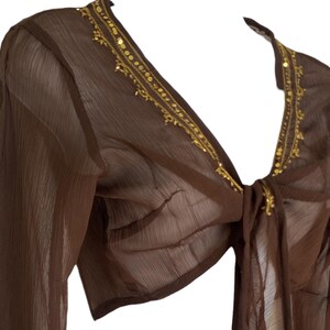 Puede incluir: Una blusa transparente de color marr&oacute;n con mangas largas y cierre de lazo frontal, con un escote en V profundo. Los bordes del escote est&aacute;n decorados con bordados dorados y peque&ntilde;as lentejuelas met&aacute;licas. La tela tiene una textura fina y arrugada.