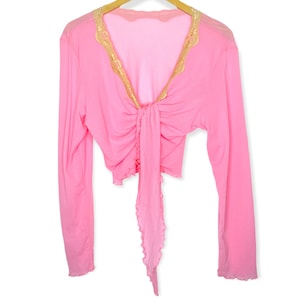 90&#39;s PINK Shirt Mesh Lace 90s Grunge Blouse Tie Waist Top 1990s Vintage Long Sleeve See Through Sheer Retro Plunging V Neckline Size -  M