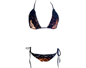 Bikini de encaje y terciopelo estilo Y2K, traje de baño de dos piezas, conjunto de traje de baño de leopardo de los años 2000, estilo boho vintage retro, bikini de tiras negras y doradas de talle bajo de los años 2000 - S