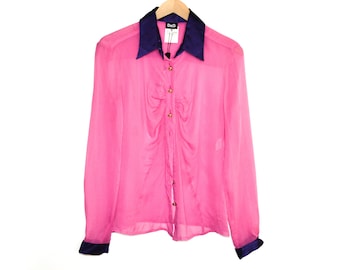Y2K Pink SILK Shirt D&G Blouse Dolce and Gabbana Shirt Satin Collar Purple Pink 2000's See Through Silk Button Down Romantic Cocktail - M