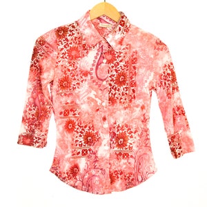 90's Floral Shirt Blouse Pink White Paisley Floral Top 90's Blouse Romantic Shirt See Through Rave Club Floral Pattern Vintage 90s Y2K - S