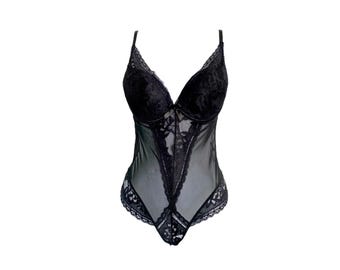 Body de encaje de los 90, sujetador push up negro transparente, blusa grunge gótica transparente, lencería de los 80 de Shirley of Hollywood, talla pequeña/S