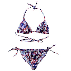 Y2K Floral Paisley Bikini Two Piece Swimsuit 90s Bathing Suit Blue White Set Boho Vintage Retro 00&#39;s High Rise String Bikini 00s M