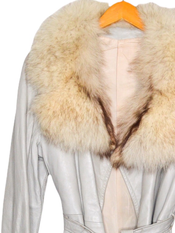 70's Cream Leather Jacket White Fur Collar Belted… - image 6