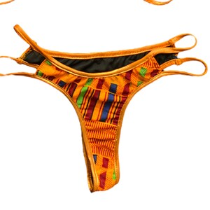 Y2K Orange Thong Bikini Tvådelad Baddräkt 2000-tals Baddräktsset Boho Vintage Retro 00-tals Lågmidjad Bronsmönstrad Bikini - Medium/M bild 2