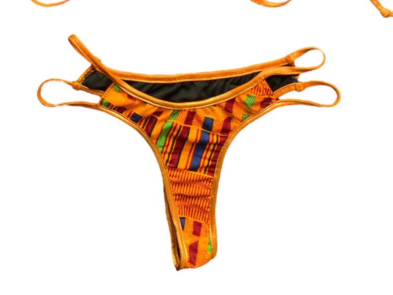 Y2K Orange Thong Bikini Tvådelad Baddräkt 2000-tals Baddräktsset Boho Vintage Retro 00-tals Lågmidjad Bronsmönstrad Bikini - Medium/M bild 2
