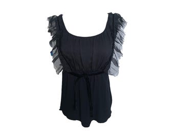 Y2K Black Ruffle Blouse Tie Waist Blouse Grunge Boho Vintage 2000's Cap Sleeve Romantic Grunge Gothic Bohemian Empire Waist Top S/Small