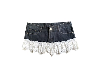 Gonna corta Y2K, gonna in denim blu, gonna in pizzo con volant, gonna plissettata grunge per feste, gonna anni 2000, gonna corta in jeans vintage a vita bassa -M