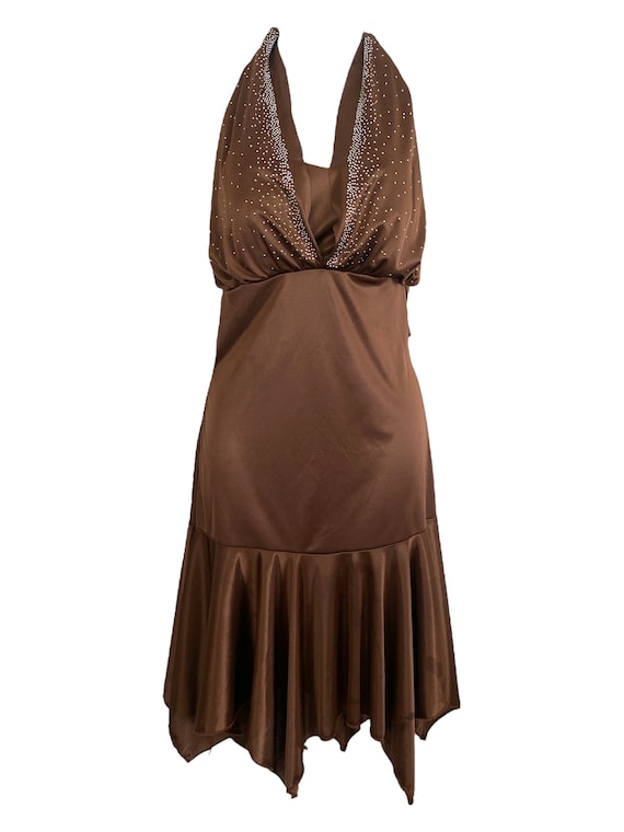 Y2K Halter Neck Dress Brown SATIN Diamante 00's H… - image 2