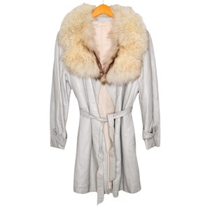 70's Cream Leather Jacket White Fur Collar Belted Cream Leather 70's ...