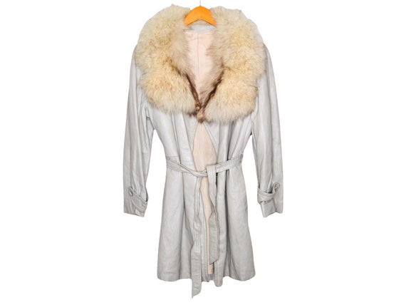 70's Cream Leather Jacket White Fur Collar Belted… - image 1