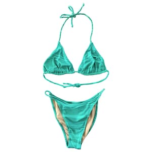 70&#39;s 90&#39;s Bikini Set Two Piece Swimsuit 90s Bathing Suit High Waisted Bikini Green Stripe Set Vintage Retro 70&#39;s String Bikini - M