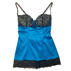 Y2K Blue Slip Dress Silk Mini Dress  Spaghetti Strap Slip Blue Satin Vintage 90s V Neck Line 00&#39;s Lace Trim Mini Dress Size - S