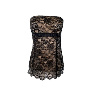 Y2K Lace Bustier Top 90&#39;s Top Mesh Lace Floral Black Lace Bustier Top  2000&#39;s Strapless Top Festival Grunge Boho Gothic Size 12- Large
