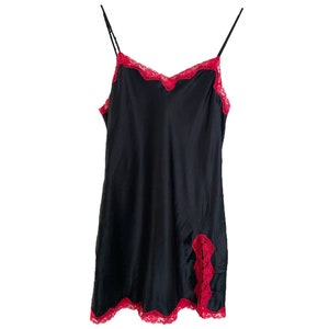 Y2K Black Satin Satin Slip Dress Mini Lingerie Satin Slip Vintage Spaghetti Strap Victoria&#39;s Secret V Neck Line Slit Thigh Low Back Size - S