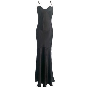 90&#39;s Black Satin Dress Long Black Satin Dress V Neckline Romantic Bohemian Fit and Flare Vintage 90&#39;s Spaghetti Strap Dress RITUAL Vintage-S