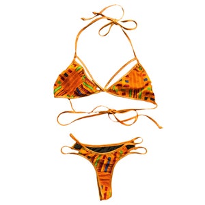 Y2K Orange Thong Bikini Two Piece Swimsuit 2000&#39;s Bathing Suit Set Boho Vintage Retro 00&#39;s Low Waisted Bronze Patterned Bikini- Medium/M