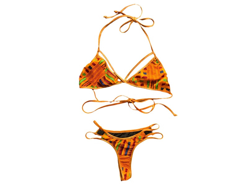 Y2K Orange Thong Bikini Tvådelad Baddräkt 2000-tals Baddräktsset Boho Vintage Retro 00-tals Lågmidjad Bronsmönstrad Bikini - Medium/M bild 1