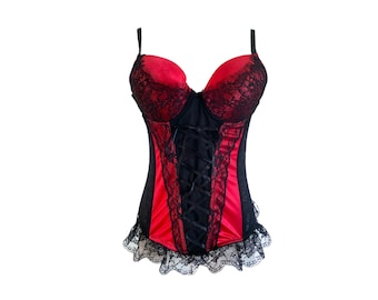 Y2K Frederick's of Hollywood Bustier Black Red Lingerie Lace Tie 00s Bustier Corset Lace Vintage Sweetheart Neckline Cinched Waist - Large/L