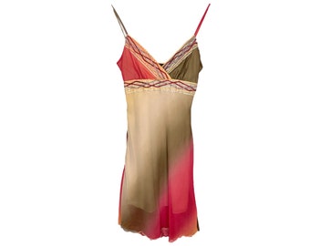 Pink Brown Ombre Dress Mini Dress Mesh Lace Party Vintage 1990s Wrap V Neckline Grunge Hipster Cocktail - Empire Waist Floral Dress Size - S