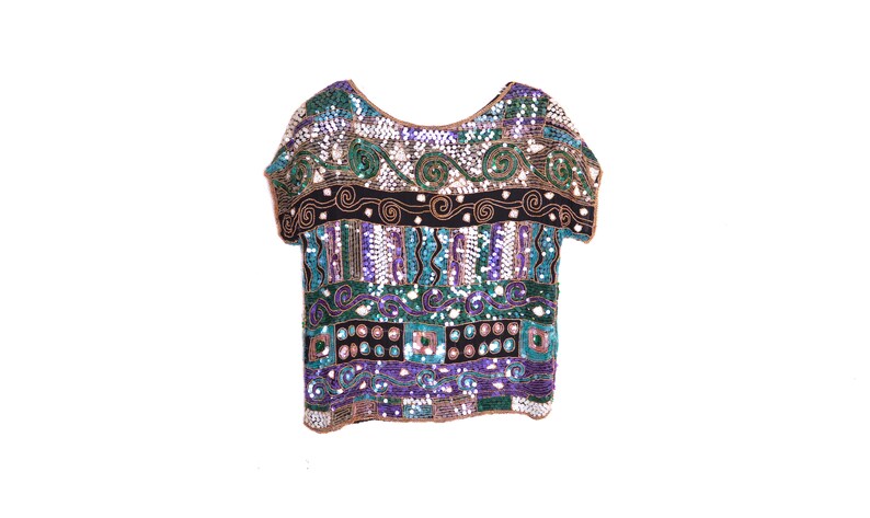 80/'s Sequin Blouse Top 80s Disco Shirt Shiny Purple Green Blue Geometric Bohemian Party Glam Sequin 80s Vintage Cocktail Medium