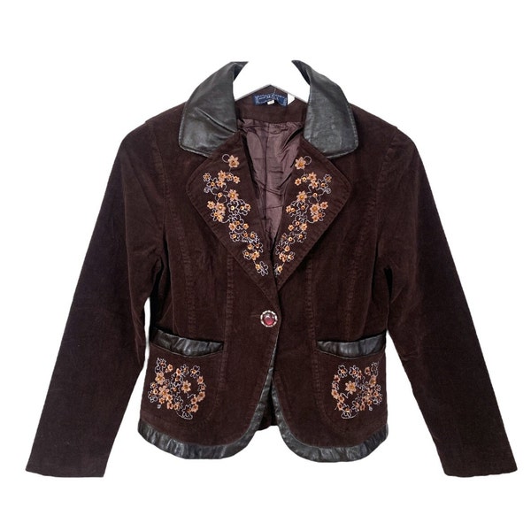 Corduroy Blazer Jacket Y2k Blazer Jacket Brown Preppy Bohemian Floral Sequin 2000s Faux Leather Hipster Fitted Vintage Boho Size Small S