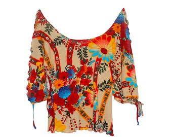 90er Jahre BauernBluse Floral Rot Creme Blau Netz Bluse 90er Schlitz Ärmel Kalte Schulter Vintage Shirt BOHO Hippie Festival Grunge Boho Large L