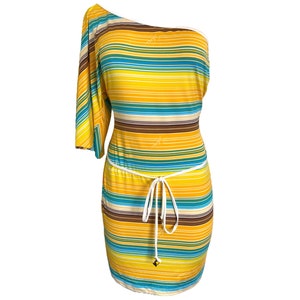 Y2k Baby Phat Dress One shoulder Mini  2000s Yellow Brown Blue Stripe One Shoulder Vintage Asymmetric Bodycon One Shoulder Party Dress - L
