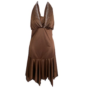 Y2K Halter Neck Dress Brown SATIN Diamante 00's Halter Mini Dress Party Cocktail Romantic Gothic Asymmetric Mini Dress Vintage Y2k Dress - M
