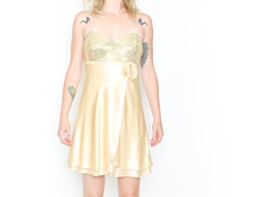 Y2K Gold Party Dress 1990s Cocktail Satin SEQUIN … - image 2