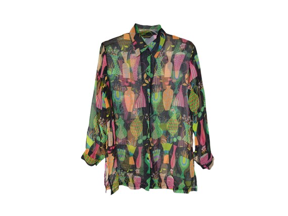 90's Sheer Shirt Blouse Black Multicolor Shirt 90… - image 4