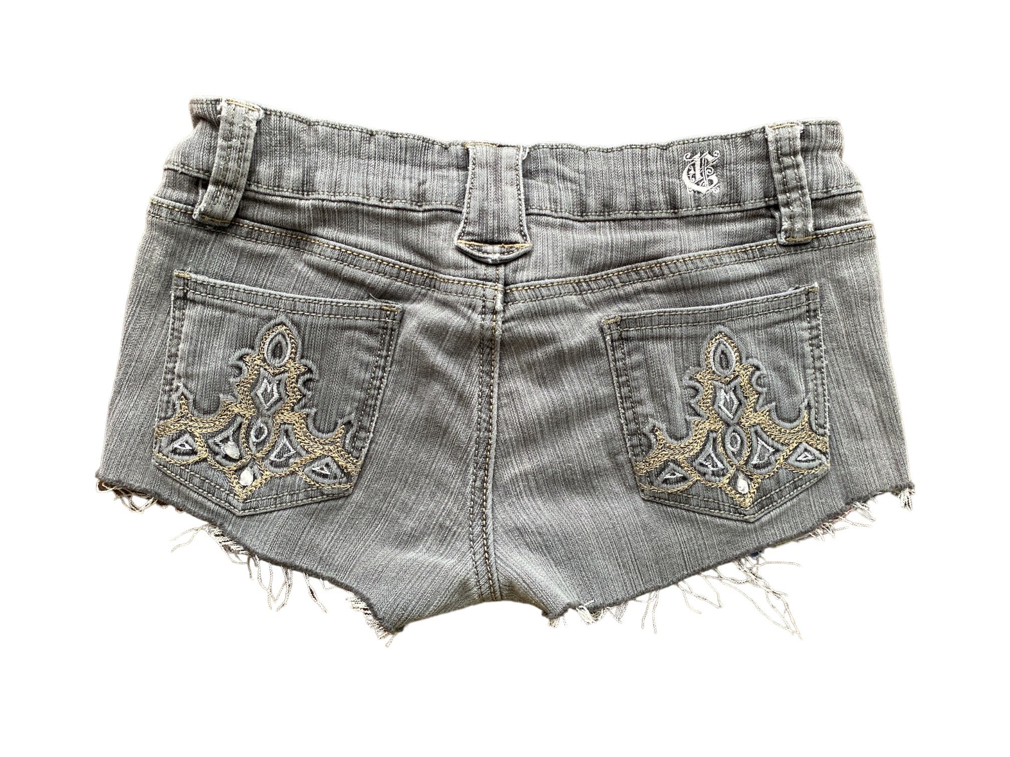 Y2K Denim Shorts Low Waisted Gray Jean Short Embroidered Y2K Denim Shorts Low Waisted Gray Jean Short Embroidered