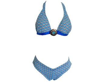 Bikini Y2K de dos piezas, estilo años 2000, estilo halter azul y blanco, estilo bohemio, vintage, retro, años 2000, cintura baja, corto, talla M/mediana.