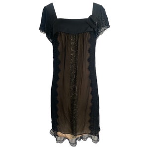 Y2K Black Silk Dress Mini Y2K Silk Dress Black Lace Dress Romantic Bohemian Vintage 00&#39;s Silk Sheath Vintage Silk Chiffon Square Neck - S