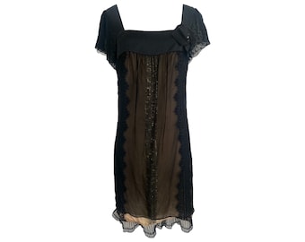 Y2K Black Silk Dress Mini Y2K Silk Dress Black Lace Dress Romantic Bohemian Vintage 00's Silk Sheath Vintage Silk Chiffon Square Neck - S