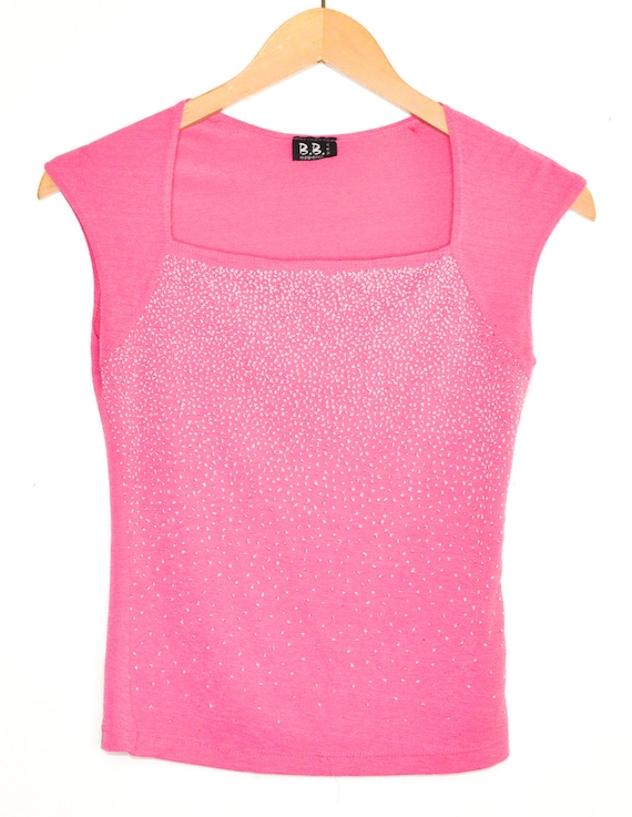 Y2K Pink Blouse Vintage 00s Crop Top Glitter Text… - image 2