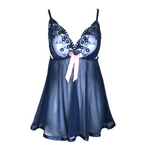 Y2K Camisole Lingerie Top Navy Blue 00s Sequin Babydoll Top See Through Sheer Floral Lace Romantic Boho 00s Bohemian  Cami Bra Top - L