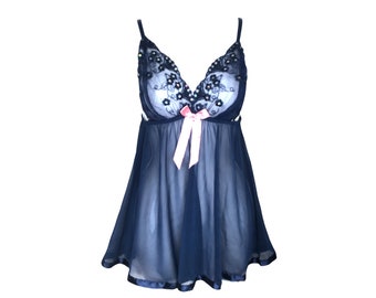 Y2K Camisole Lingerie Top Navy Blue 00s Sequin Babydoll Top See Through Sheer Floral Lace Romantic Boho 00s Bohemian  Cami Bra Top - L