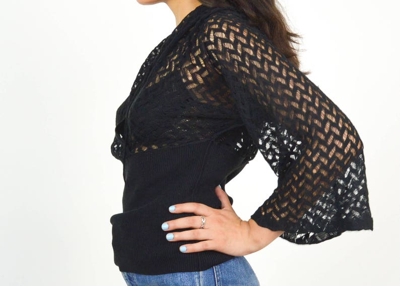 90/'s Flare Sleeve Crochet Sheer ZIG ZAG TOP Black Knit Top Mod Grunge Minimalist Witchy Disco 70/'s Size Large V Neck