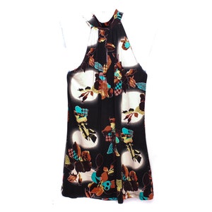 Y2 Black Blue Halter Top Vintage Boho Halter Neck Floral Photographic Tank Top Halter Neck  Blouse 90s Boho Romantic  Summer Grunge  Small
