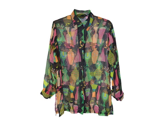 90's Sheer Shirt Blouse Black Multicolor Shirt 90… - image 8