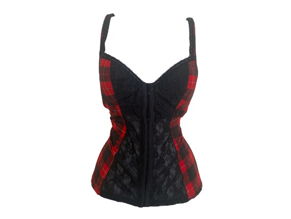 Y2K Corset Top Red Black Plaid Bustier Top Bustier Top Black Red Vintage  2000's Corset Festival Grunge Boho Gothic Underwired Corset L 