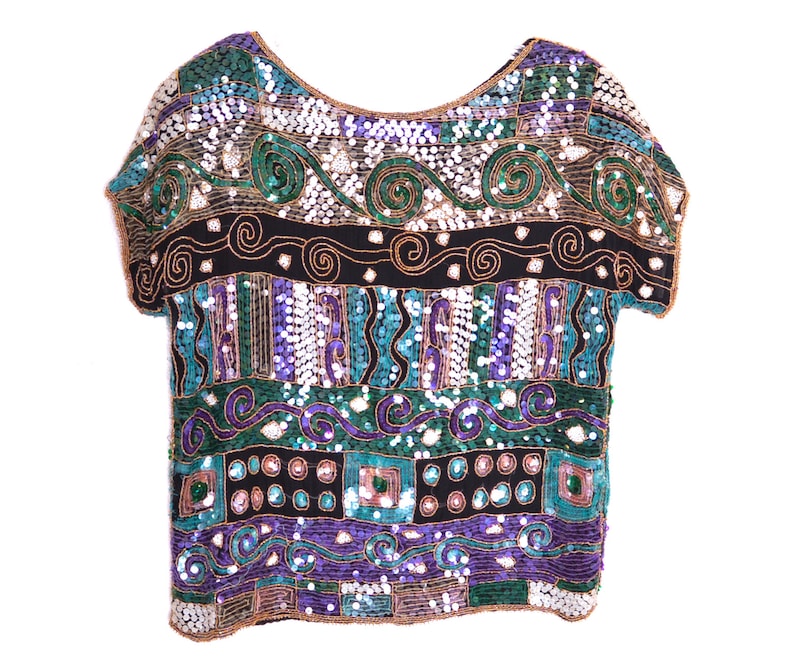 80/'s Sequin Blouse Top 80s Disco Shirt Shiny Purple Green Blue Geometric Bohemian Party Glam Sequin 80s Vintage Cocktail Medium