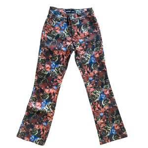 PVC Floral Jeans 90s Snake Print Pants 1990s High Rise Flare Trouser Blue Orange Animal Flare Jeans Boho Grunge Romantic Vintage - Small/S