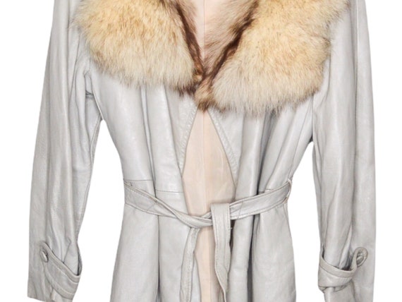 70's Cream Leather Jacket White Fur Collar Belted… - image 4
