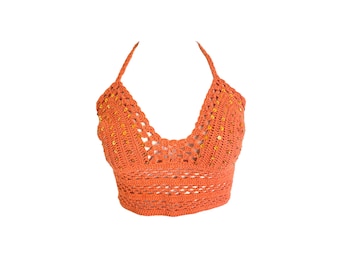 Crochet Halter Top Orange Knit Halter Crop Top Vintage Halter Boho Hippie Crochet  Blouse Bohemian Open Back Shirt Vintage Boho 2000's M