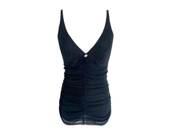 Y2k Rynkad Mesh Linne 2000-tals Svart V-ringad Topp Åtsittande Rynkad Layered Blus Prickig Mesh Romantisk Vintage 2000-tals Grunge Boho - XSmall/XS