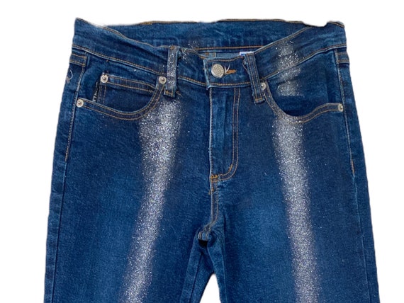 90's Glitter Blue Flare Jeans Denim Y2K Pants High Rise Blue