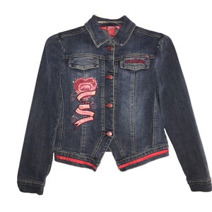 Y2K Blue Denim Jacket ECKO RED 2000&#39;s Blue Denim Patchwork Diamante Grunge Denim Coat Top 1990s Vintage Long Sleeve Jacket  XS